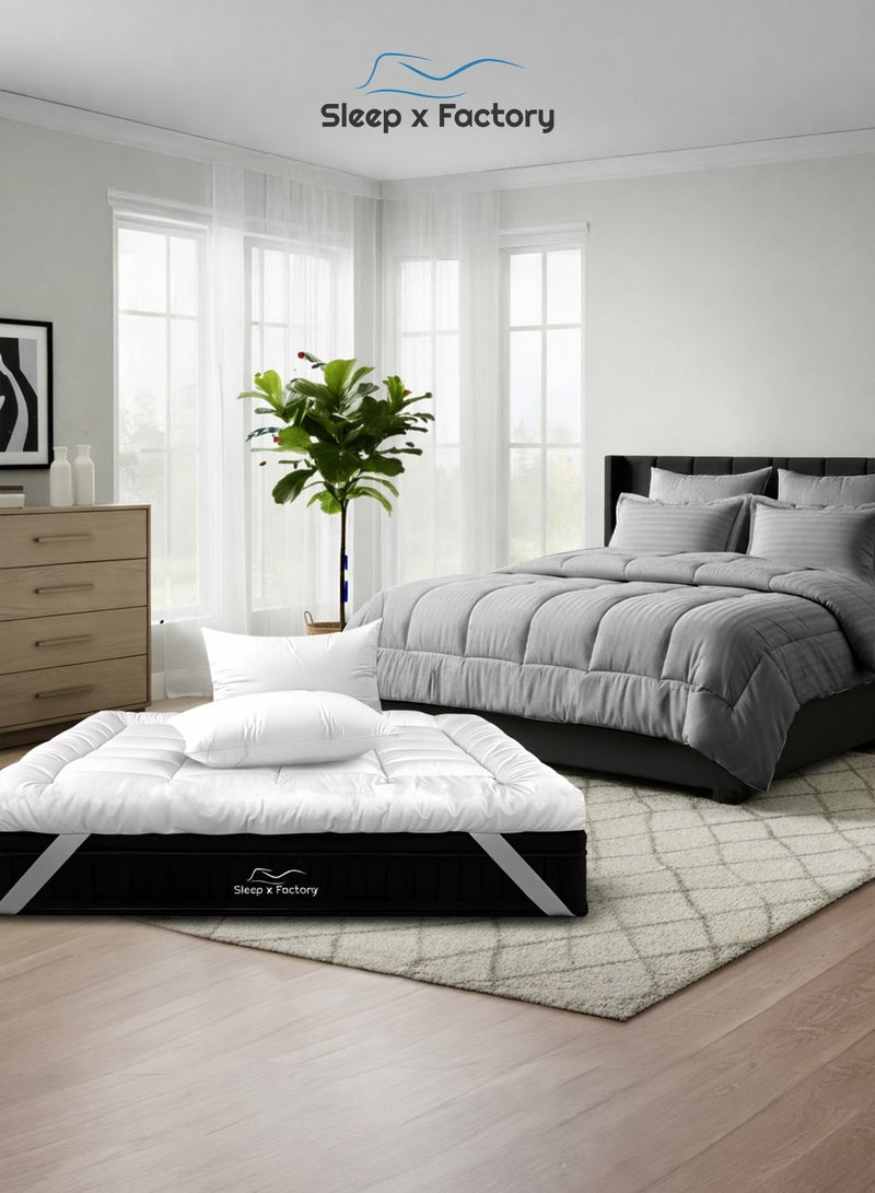 سليب × فاكتوري باقة فندقية فاخرة، لباد مرتبة بارتفاع 14 سم مع طقم لحاف فندقي فاخر بلون رمادي ووسادتين فندقيتين قطنية فاخرة، يناسب سرير مفرد مقاس 200 × 140 سم - Image 1